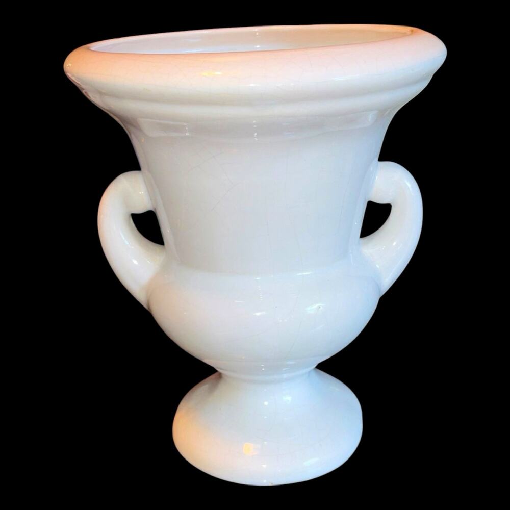 Vintage White Ceramic Urn Vase Double Handle Pedestal Crackle Glaze 10” Haegar